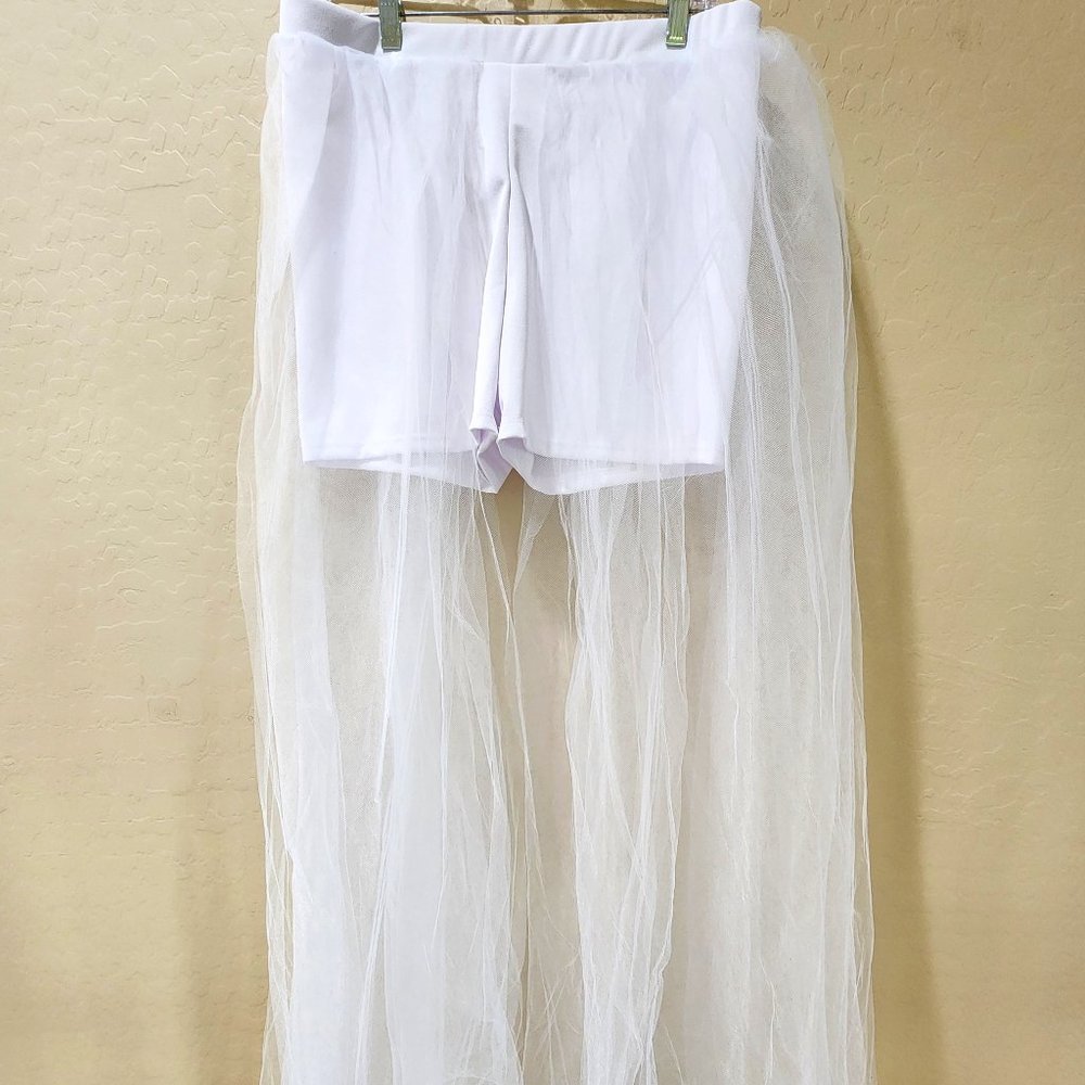 Jasmine White Bride Tulle Overlay Stretch Shorts Resort Bridal Shower XL